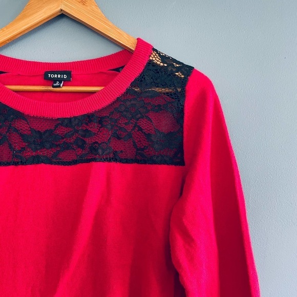 Torrid Lace Yoke Sweater 2 2XL Red Black Women's Pullover - Picture 5 of 5